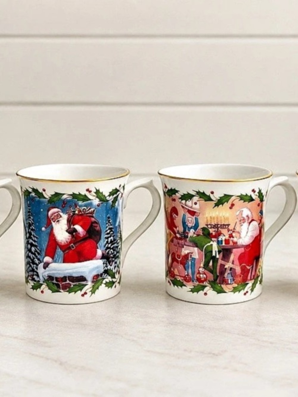 Lenox Santa’s Holiday Journey Christmas Mugs Set of 4 Gold Trim Vintage Santa